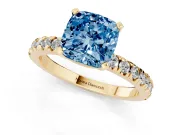 Fancy Blue Cushion Cut Diamond Pavé Band Solitaire Set in Yellow gold with Prong Setting