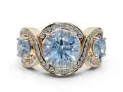 Round Three Stone Halo Engagement Ring Setting for a Fancy Blue Lab-Grown Diamond | Pavé Wave Band | Yellow Gold