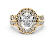 Oval Scalloped Halo Engagement Ring Setting | Double Row Band | Yellow Gold