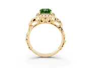 Fancy Green Radiant Cut Diamond Halo Ring Set in Yellow gold with Scrollwork Band and Prong Setting