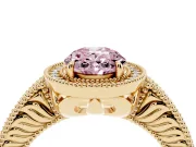 Fancy Pink Oval Cut Diamond Halo Ring Set in Yellow gold with Round Accent Halo, Pavé Band and Prong Setting