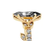 Fancy Black Marquise Cut Diamond Solitaire Leaf-Inspired Ring Set in Yellow gold with Pavé Band and Prong Setting