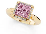 Fancy Pink Princess Cut Diamond Halo Engagement Ring Set in Yellow gold with Plain Split Shank and Prong Setting