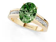 Fancy Green Oval Cut Diamond Solitaire Ring Set in Yellow gold with Channel-Set Band and Prong Setting