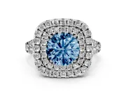 Round Halo Split Shank Engagement Ring Setting for a Fancy Blue Lab-Grown Diamond | Pavé Strands | White Gold