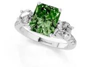 Fancy Green Three-Stone Radiant Cut Diamond Pavé Band Ring Set in Platinum with Prong-Set Trio