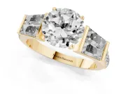 Round Cut Diamond Engagement Ring Set in Yellow gold with Baguette Side Stones and Channel Set Band