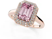Fancy Pink Emerald Cut Diamond Halo Engagement Ring Set in Rose gold with Solitaire Band and Prong Setting