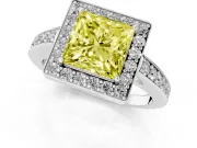 Fancy Yellow Princess Cut Diamond Halo Pavé Engagement Ring Set in White gold with Bezel Setting