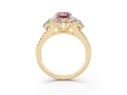 Fancy Pink Radiant Cut Diamond Halo Split Shank Engagement Ring Set in Yellow gold with Prong-Held Center Stone