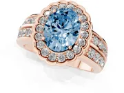 Fancy Blue Oval Cut Diamond Scalloped Halo Ring Set in Rose gold with Pavé Split Shank