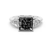 Fancy Black Three-Stone Princess Cut Diamond Ring Set in Silver with Pear Side Stones and Prong Setting