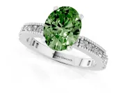 Fancy Green Oval Cut Diamond Solitaire Ring Set in White gold with Slim Pavé Band and Prong Setting