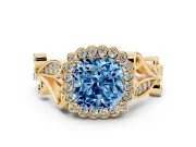 Cushion Cut Leaf Halo Engagement Ring Setting for a Fancy Blue Lab-Grown Diamond | Yellow Gold
