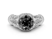 Round Vintage Milgrain Engagement Ring Setting for a Black Center | Hidden Halo | White Gold