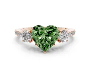 Fancy Green Heart Cut Diamond Three-Stone Ring Set in Rose gold with Pavé Band and Graduated Sides