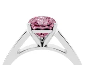 Fancy Pink Radiant Cut Diamond Solitaire Engagement Ring Set in Platinum with Prong Setting and Tapered Band