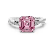 Fancy Pink Asscher Cut Diamond Solitaire Twisted Pavé Ring Set in Platinum with Prong Setting