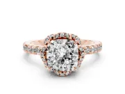 Cushion Cut Diamond Halo Pavé Band Ring Set in Rose gold with Prong-Held Center