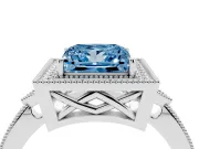 Fancy Blue Princess Cut Diamond Halo Engagement Ring Set in White gold with Milgrain Pavé Band