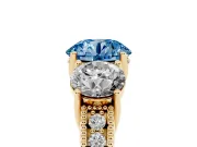 Round Vintage Three Stone Engagement Ring Setting for a Fancy Blue Lab-Grown Diamond | Yellow Gold