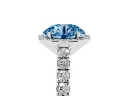 Fancy Blue Round Cut Diamond Halo Engagement Ring Set in Platinum with Pavé Band and Prong Setting