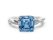 Fancy Blue Asscher Cut Diamond Solitaire Twisted Pavé Ring Set in Platinum with Prong Setting