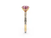 Fancy Pink Round Cut Diamond Brilliant Solitaire Ring Set in Yellow gold with Pavé Band and Prong Setting