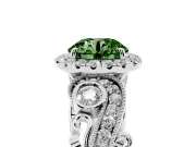 Fancy Green Round Cut Diamond Halo Ring Set in Silver with Milgrain Pavé Band and Prong Setting