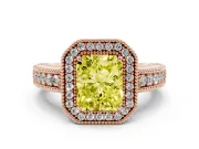 Radiant Cut Milgrain Halo Engagement Ring Setting for a Fancy Yellow Lab-Grown Diamond | Carved Leaf Detail | Rose Gold