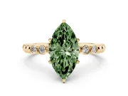 Fancy Green Marquise Cut Diamond Solitaire Engagement Ring Set in Yellow gold with Bezel Accents on Beaded Band