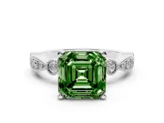 Fancy Green Asscher Cut Diamond Solitaire Engagement Ring Set in White gold with Milgrain Bezel Accent Band