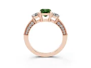 Fancy Green Emerald Cut Diamond Three-Stone Ring Set in Rose gold with Round Side Stones and Pavé Band