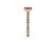 Fancy Pink Emerald Cut Diamond Solitaire Ring Set in Yellow gold with Slim Pavé Band and Prong Setting