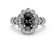 Oval Scalloped Halo Engagement Ring Setting for a Black Center | Heart Pavé Band | White Gold