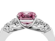 Fancy Pink Asscher Cut Diamond Cluster Ring Set in White gold with Round Accent Stones and Prong Setting on a Plain Band
