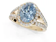 Oval Halo Pavé Engagement Ring Setting for a Fancy Blue Lab-Grown Diamond | Narrow Split Shank | Yellow Gold