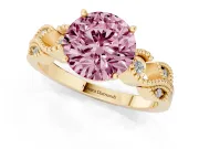 Fancy Pink Round Cut Diamond Milgrain Leaf Band Solitaire Ring Set in Yellow gold with Accent Stones and Prong Setting