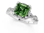 Fancy Green Asscher Cut Diamond Halo Twist Band Solitaire Ring Set in White gold with Prong-Set Center Stone
