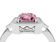 Fancy Pink Radiant Cut Diamond Halo Engagement Ring Set in Platinum with Milgrain Pavé Band