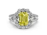 Fancy Yellow Emerald Cut Diamond Halo Split Shank Engagement Ring Set in Silver with Prong-Held Center Stone