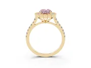 Fancy Pink Oval Cut Diamond Milgrain Floral Halo Engagement Ring Set in Yellow gold with Pavé Band