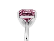 Fancy Pink Asscher Cut Diamond Solitaire Ring Set in Silver with Prong Setting on a Plain Round Band