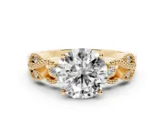 Round Cut Diamond Milgrain Leaf Band Solitaire Ring Set in Yellow gold with Accent Stones and Prong Setting
