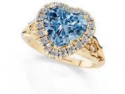 Fancy Blue Heart Cut Diamond Halo Engagement Ring Set in Yellow gold with Filigree Band and Prong-Set Center