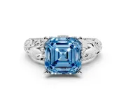 Fancy Blue Asscher Cut Diamond Filigree Halo Engagement Ring Set in Platinum with Prong Setting