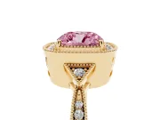 Fancy Pink Cushion Cut Diamond Halo Engagement Ring Set in Yellow gold with Milgrain Pavé Band