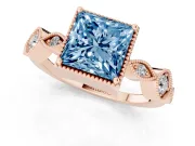 Fancy Blue Princess Cut Diamond Vintage-Inspired Milgrain Ring Set in Rose gold with Marquise Stations of Round Accents