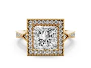 Princess Cut Diamond Halo Engagement Ring Set in Yellow gold with Milgrain Pavé Band