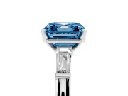 Fancy Blue Asscher Cut Diamond Solitaire Ring Set in White gold with Tapered Baguette Side Stones and Prong Setting